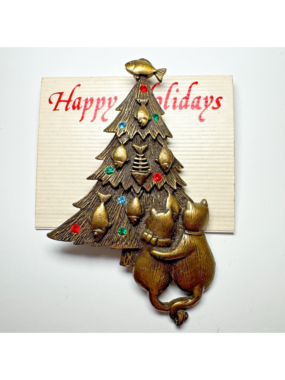 JJ Jonette Christmas Tree Cats Brooch Rhinestone Fish Gold Bronze Tone Pin